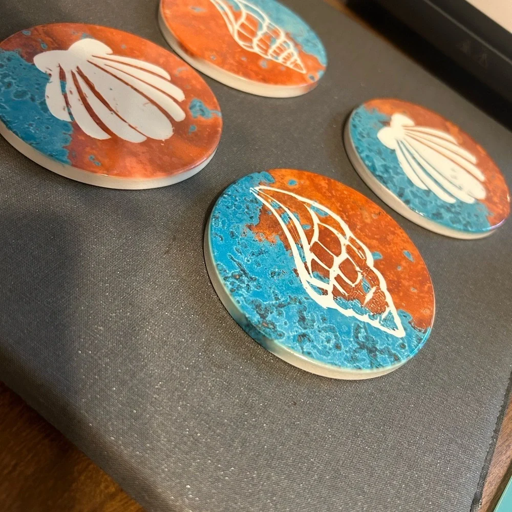 Seashell ceramic Coasters Set of 4 Blue orange‎ New